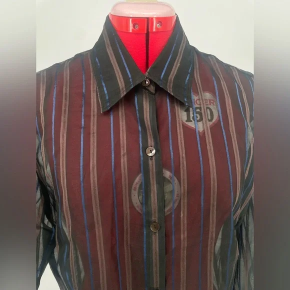 Vintage A’nue Ligne Black & Brown Sheer Striped Blouse With Flared Cuffs - Picture 5 of 9